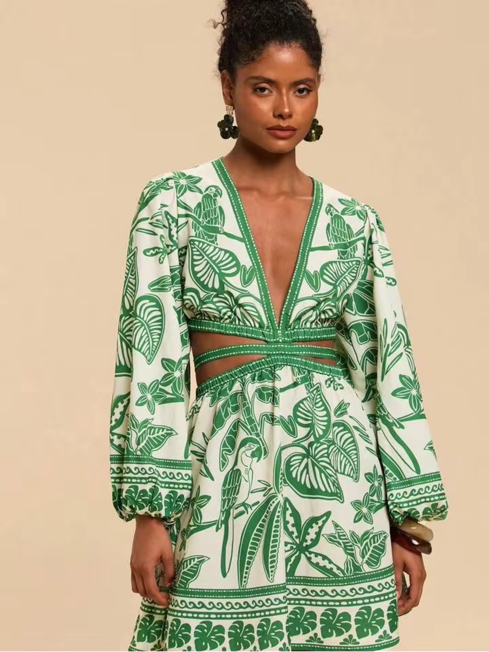 SHEIN Green and White Long Sleeve Tropical Print Cutout Dress